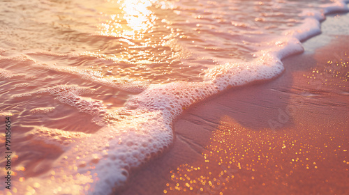 Sea foam on the sand, shoreline close up. Soft pink and golden sunset  Beach
