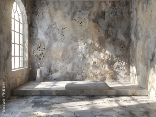 Moody Concrete and Stone Room with Arched Window in Rustic Interior