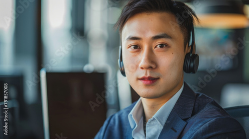 Closeup Portrait of a professional chinese man dressed in an elegant suit working as a call center manager, looking in the camera