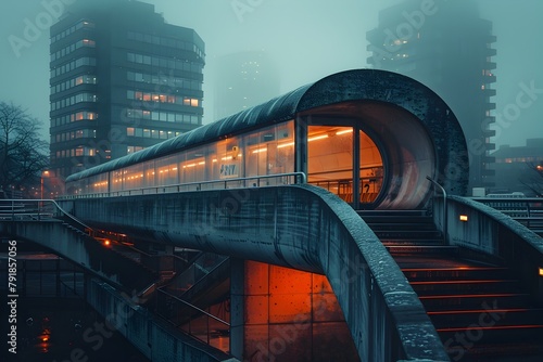 Futuristic Elevated Train Passing Through Foggy City Skyline at Night