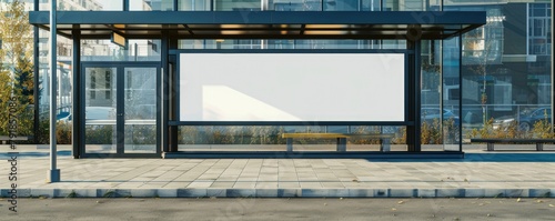 an empty blank white digital poster on the glass front wall of modern bus stop on sunny day photo