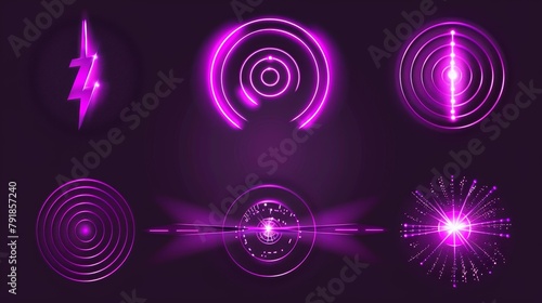 A realistic set of purple radio wave signal signs isolated on a transparent background. Radial symbols representing wifi, sound propagation, pulse effect, vibration frequency, and radar area.