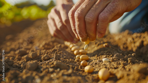 Close-up of a farmer's hands planting seeds in fertile soil