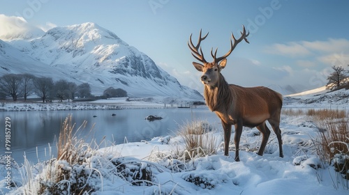 Majestic Stag in Winter Wonderland, generative ai