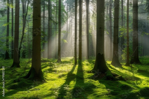 A serene forest scene with tall trees, sunlight filtering through the canopy and moss-covered ground.