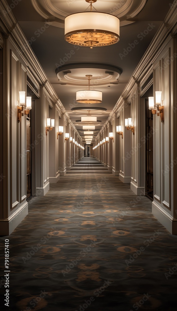Elegant hotel corridor with plush carpeting and ornate light fixturesleading to luxurious suites with doors evenly spaced.