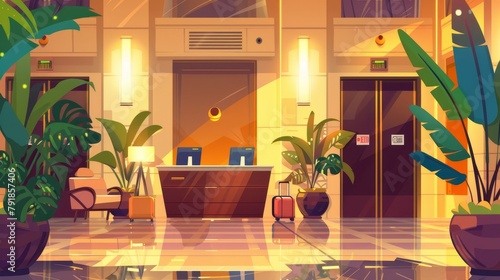 A modern hotel lobby with a computer monitor on the reception desk, a luggage trolley and green plants. Modern illustration of a large room with a computer monitor, creative illumination, an © Mark