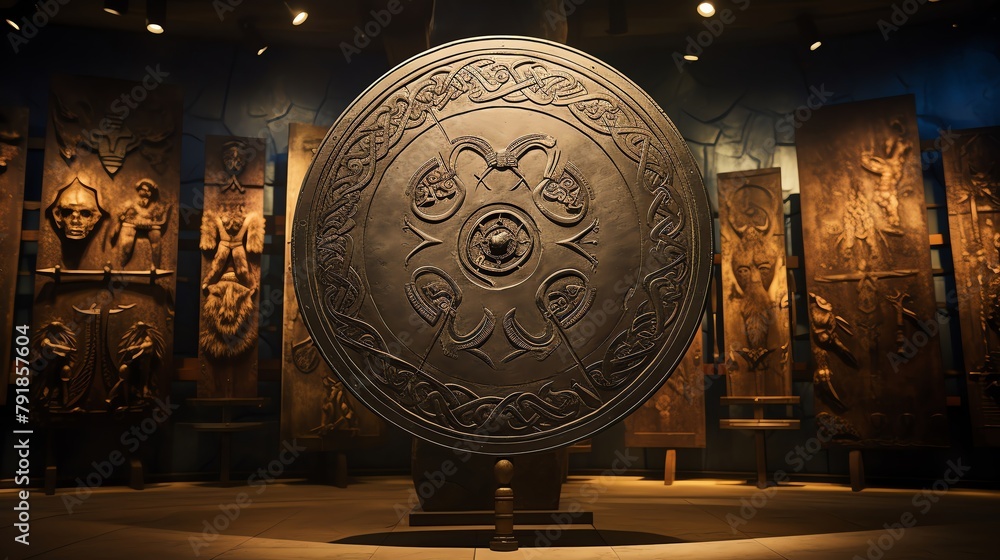 Ancient Viking shieldrichly decorated with Norse runes and symbolsdisplayed in a historical museum setting.