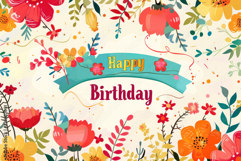 Obraz premium A vibrant birthday card design with Happy Birthday text and colorful botanical illustrations on a dark background