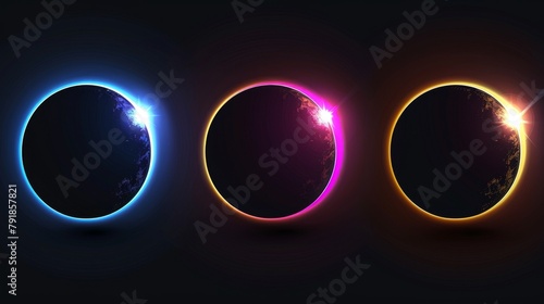 An illustration of neon blue, yellow, and pink arch and circular lines glaring in the night sky. A dark planet with a blazing edge.