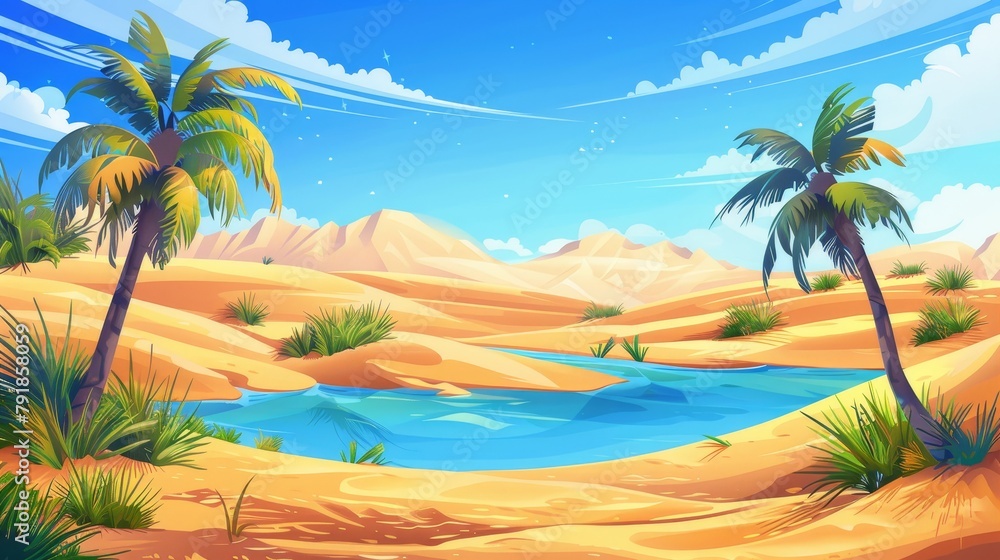 In the desert, oasis with palm trees and lake. Landscape with sand dunes, grass, water, and green plants, modern cartoon illustration.