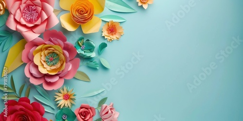 Colorful paper flowers arranged in the shape of an oval frame on a light blue background © Image