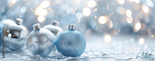 light blue christmas decoration with silver ornaments on white background with bokeh effect. Merry Christmas