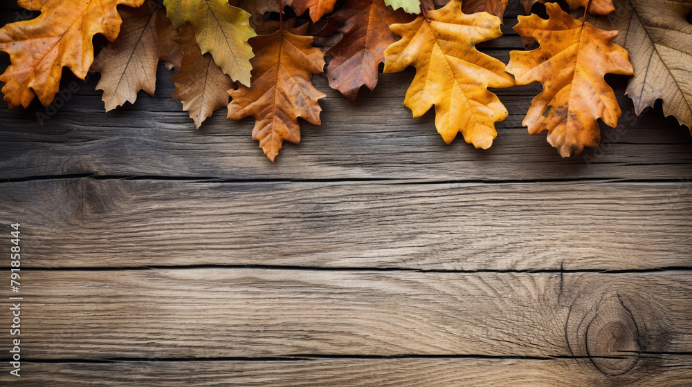 fall oak leaves border on an old wood background сreated with Generative Ai fall oak leaves border on an old wood background сreated with Generative Ai