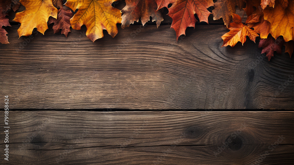 fall oak leaves border on an old wood background сreated with Generative Ai fall oak leaves border on an old wood background сreated with Generative Ai