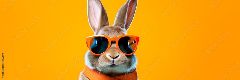 bunny wearing oversized, vibrant sunglasses and striking a pose against a colored backdrop, promoting . Generative AI bunny wearing oversized, vibrant sunglasses and striking a pose against a colored backdrop, promoting . Generative AI