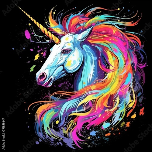 Abstract Colorful Headshot Illustration of a Unicorn on a Black Background