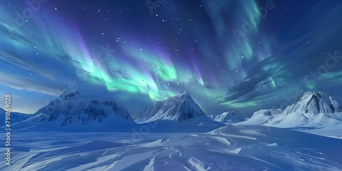 Frozen tundra with aurora borealis overhead, a captivating background for winter apparel or cold-weather gear 