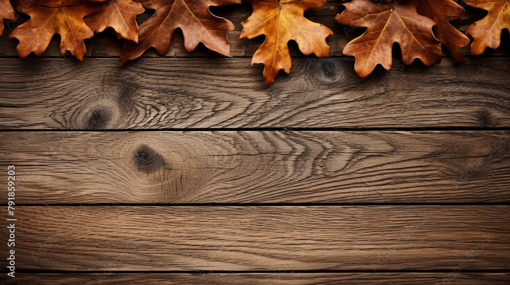 Fototapeta premium fall oak leaves border on an old wood background сreated with Generative Ai
