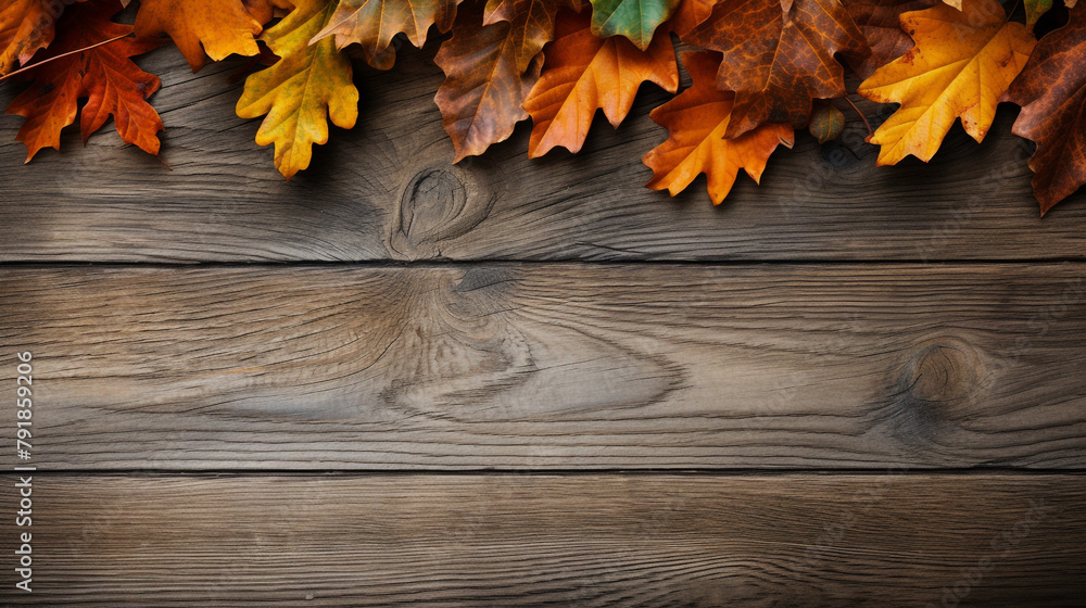 fall oak leaves border on an old wood background сreated with Generative Ai fall oak leaves border on an old wood background сreated with Generative Ai