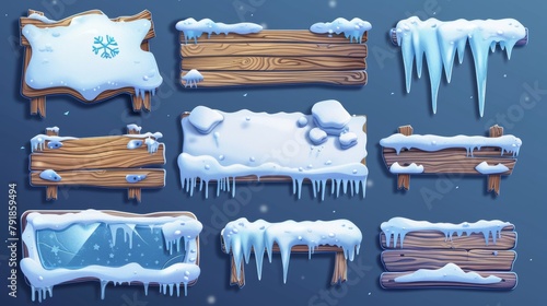 Snowy wooden signboard with icicles and snow covered in 3D cartoon modern illustration for winter and Christmas.