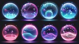 A protective shield with a bubble shell surrounded by a protective force field. A dome barrier with a glass globe or a power safety device. An abstract modern illustration of glowing balls in a