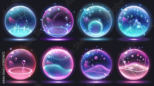 A protective shield with a bubble shell surrounded by a protective force field. A dome barrier with a glass globe or a power safety device. An abstract modern illustration of glowing balls in a photo