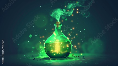 Cartoon animation of a glass vial with a puffing cloud of green smoke from a chemical reaction. Illustration of elixir with magic elixir and green smoke. photo