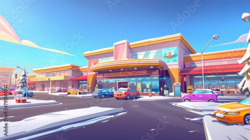 Winter parking at supermarket entrance, with transportation parked in special places near large store with cafe and entertainment. Cartoon cityscape with snowy hypermarket facade plus auto.