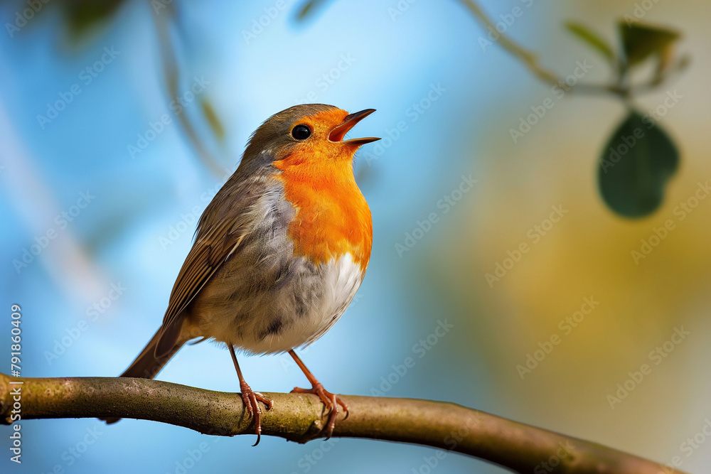 European Robin Singing on a Tree Branch