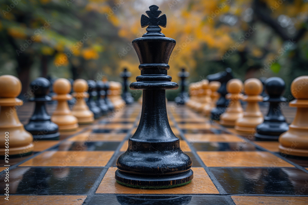 Chess pieces on the chessboard in the park, chess king victory, business competition strategy, generative ai Chess pieces on the chessboard in the park, chess king victory, business competition strategy, generative ai