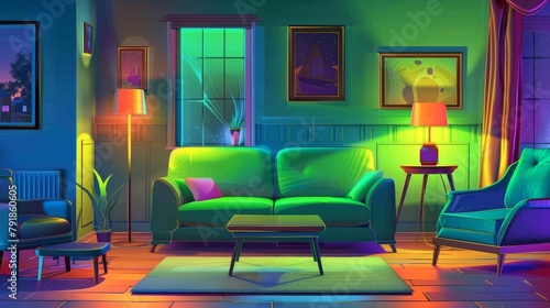 An indoor home furniture with couch and armchair in the lounge panoramic concept of a green sofa in a living room. A rustic furnished colorful apartment livingroom in an indoor setting at night. © Mark