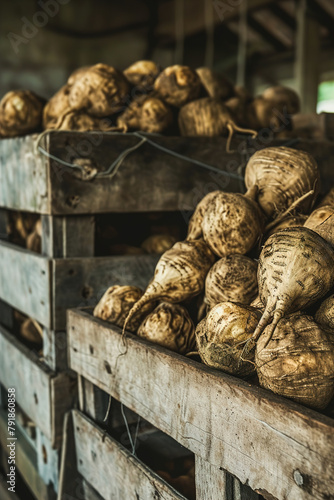 Freshly harvested maca roots piled on rustic wooden crates, raw organic superfoods earthy texture.