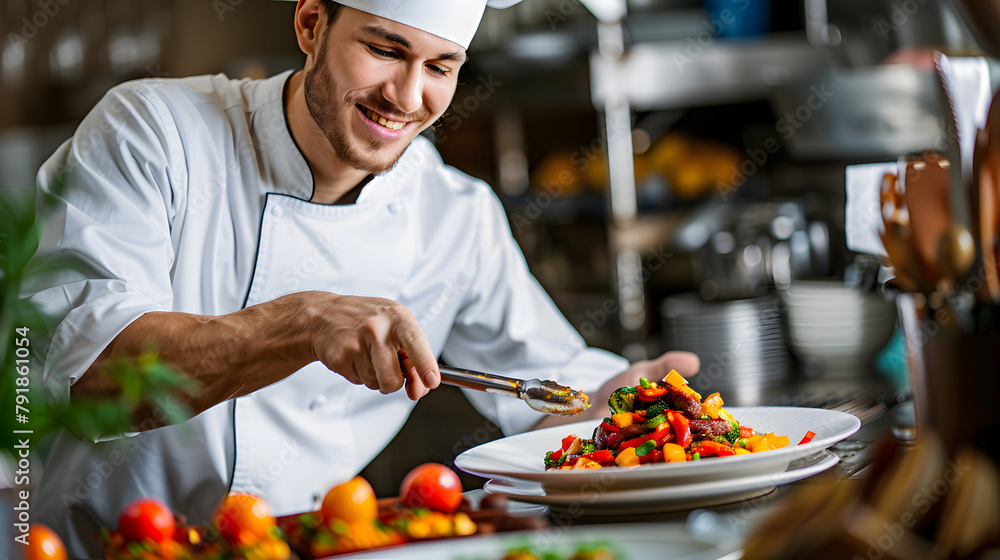A busy chef in a uniform inspects fresh ingredients, possibly at kitchen restaurant A busy chef in a uniform inspects fresh ingredients, possibly at kitchen restaurant