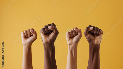 Raised Fists of Diverse Ethnicities Against Yellow Background photo