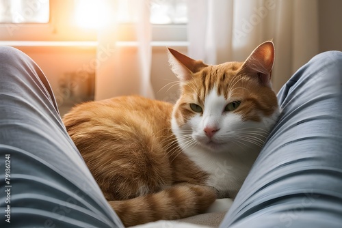 Wallpaper Mural Cozy ginger and white cat naps peacefully between legs in softly lit room Serene moment captured Torontodigital.ca