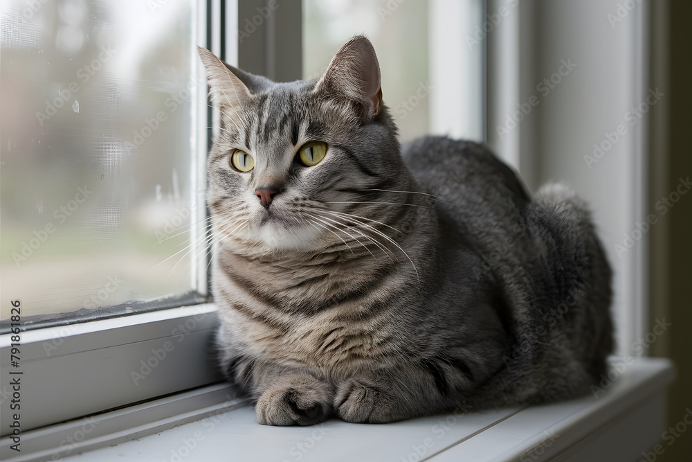 A tranquil striped gray cat by a sunlit window, exuding peace and grace with yellow eyes