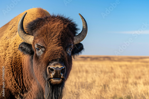 A serene bison bathed in the golden hues of sunlight stands in a field, a picture of peace and natural grace in the wild.