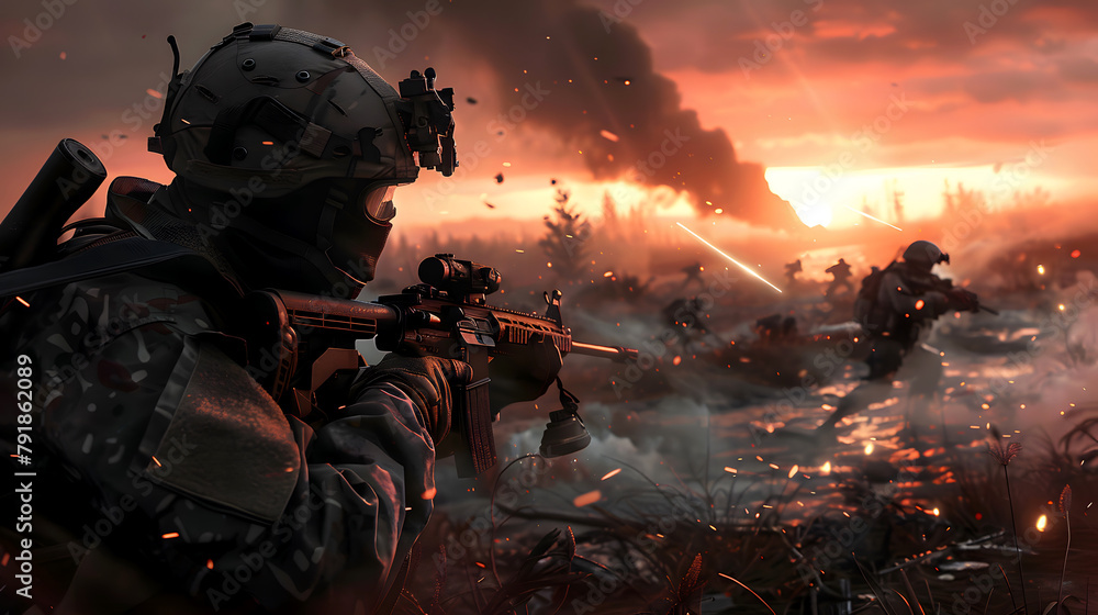 An army is standing on the battlefield with weapons in hand. Soldier in combat gear amidst explosion debris on battlefield, Military action and bravery. battlefield, military, war, conflict, soldier An army is standing on the battlefield with weapons in hand. Soldier in combat gear amidst explosion debris on battlefield, Military action and bravery. battlefield, military, war, conflict, soldier