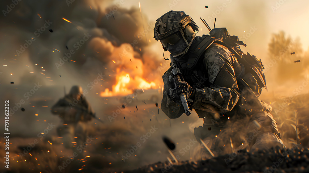 An army is standing on the battlefield with weapons in hand. Soldier in combat gear amidst explosion debris on battlefield, Military action and bravery. battlefield, military, war, conflict, soldier An army is standing on the battlefield with weapons in hand. Soldier in combat gear amidst explosion debris on battlefield, Military action and bravery. battlefield, military, war, conflict, soldier