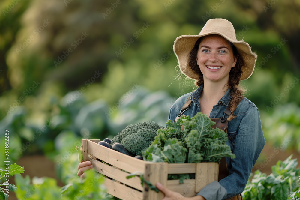 A smiling woman in a stylish hat stands proudly in a kale field, holding a wooden crate of fresh, green kale, showcasing the wholesome results of sustainable farming.