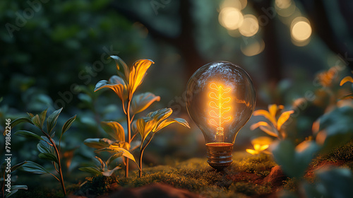 Glowing light bulb in dark forest. Ecology concept, business idea, creativity concept, 3D Rendering, generative ai