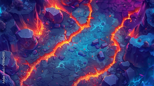 Map of volcanic road in mobile game level. Gui volcanic eruption with lava path pattern. Magma and stone terrain interface illustration asset. Dangerous journey in the world. photo