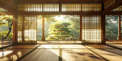 Traditional Japanese tea room with tatami mats and shoji screens, serene and cultured, for tea or relaxation products 