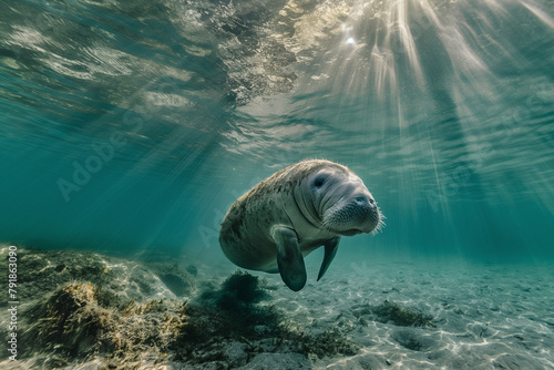 Underwater view of a serene manatee gliding above the seabed in crystal-clear blue waters, showcasing the gentle nature of marine life in its natural habitat. photo