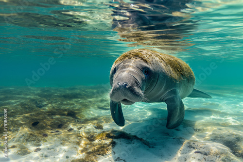 Underwater view of a serene manatee gliding above the seabed in crystal-clear blue waters, showcasing the gentle nature of marine life in its natural habitat. © Darya