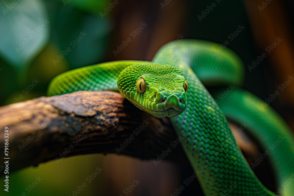 A vivid green snake coils on a tree branch, its scales reflecting the sunlight amidst the foliage. A vivid green snake coils on a tree branch, its scales reflecting the sunlight amidst the foliage.