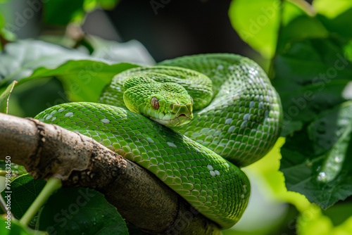A vivid green snake coils on a tree branch, its scales reflecting the sunlight amidst the foliage.