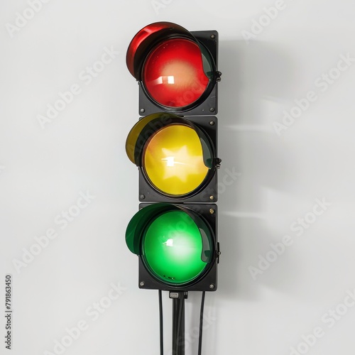 Traffic light with three lamps in green, yellow and red, white background, concept: politics germany, spd, fdp, green party, Ampel Koalition photo
