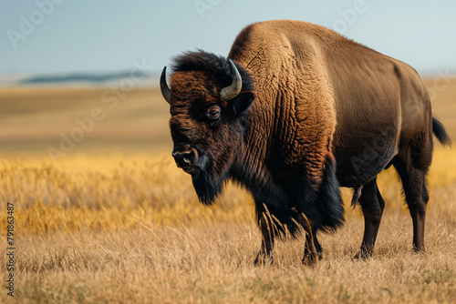 A solitary bison stands in a golden field, its gaze piercing the camera, against a soft-focus backdrop that highlights the beauty of the wilderness.